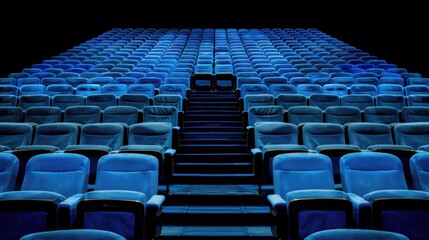 Fototapeta premium A captivating image of empty blue theater seats, illuminated by a soft light, inviting viewers into a cinematic adventure filled with mystery and anticipation. 