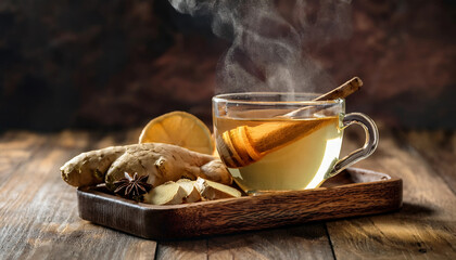 Ginger Tea - A steaming cup of ginger tea with fresh ginger slices, honey, and a cinnamon stick on a rustic wooden tray