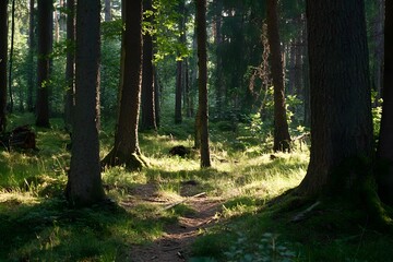 Obraz premium Sun-dappled forest path with tall trees and green ground cover