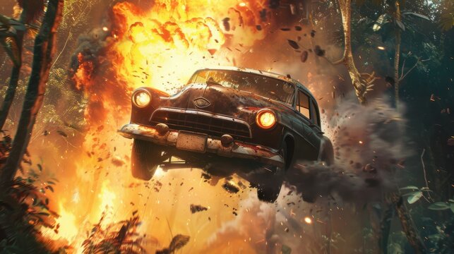 A classic car launches through the air amidst a fiery explosion in a dense forest, capturing a thrilling moment of action and intensity in a vintage adventure scene 