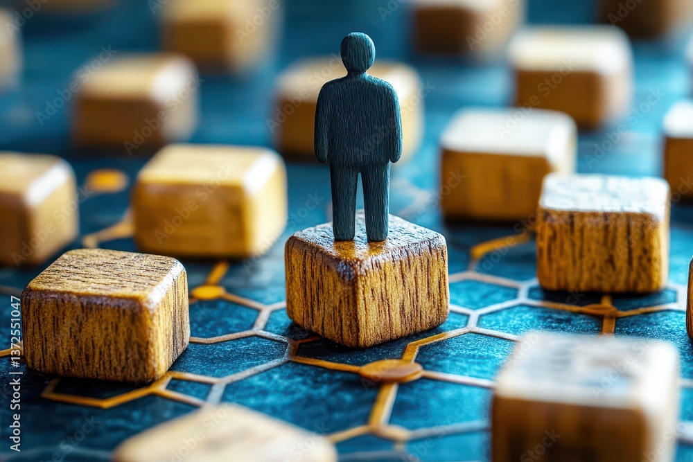 Poster abstract representation of strategy and decision-making with a miniature figure standing on blocks, 