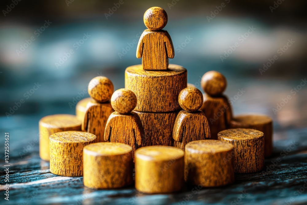 Poster leadership concept with wooden figures representing team collaboration and hierarchical structure on