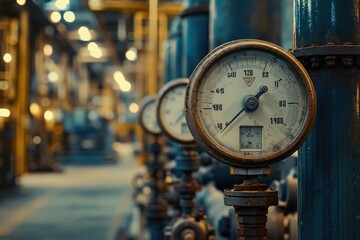Multiple industrial pressure gauges are aligned along a pipeline inside a factory, blurred background of equipment and lighting. Suitable for technical manuals and industrial monitoring systems.