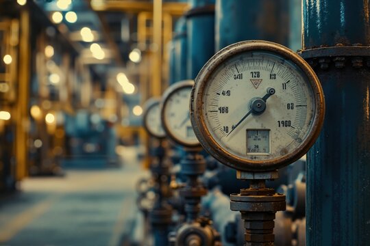 Multiple industrial pressure gauges are aligned along a pipeline inside a factory, blurred background of equipment and lighting. Suitable for technical manuals and industrial monitoring systems.