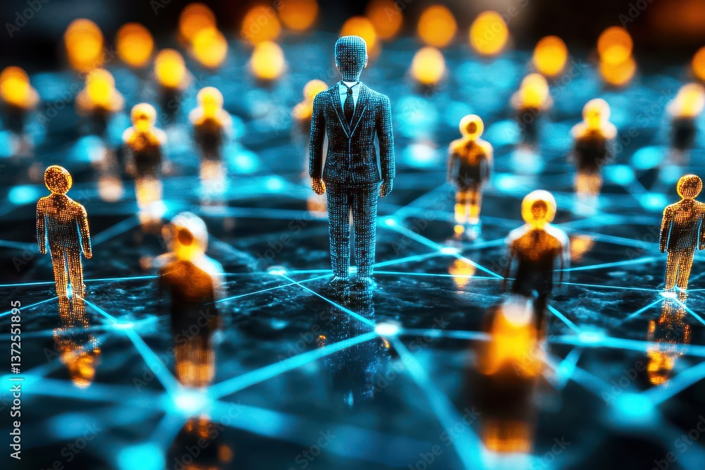 Poster concept of networked digital connections with abstract business figures representing leadership in a