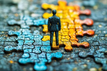 Puzzle Piece Business Concept with Figurine on Colorful Puzzle Background Representing Collaboration and Problem Solving in a Professional Environment