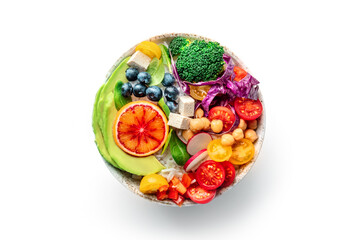 Buddha Bowl. Rainbow salad. Vegan poke bowl with avocado. Healthy food. Overhead flat lay shot on a...