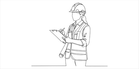 female civil engineer or architect with hard helmet and clipboard continuous single line art drawing sketch on white background