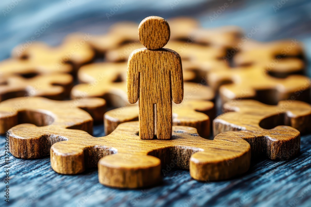 Aufkleber wooden figurine standing on puzzle pieces representing problem solving, teamwork, and connection in 