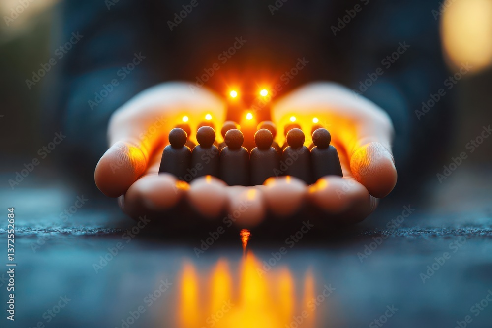 Poster hands holding tiny figures with orange glow symbolizing team support and unity in a conceptual setti