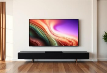 Sleek black soundbar beneath a flat-screen TV mounted on an elegant living room wall, clean lines, interior