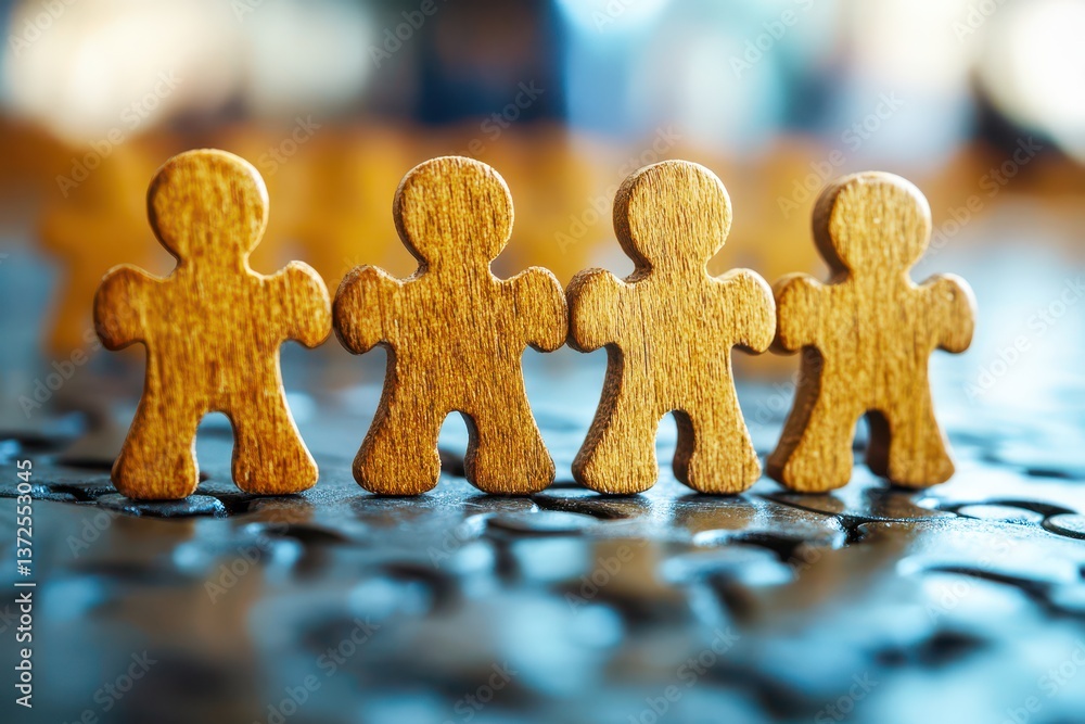 Poster wooden figures on a textured surface representing community and connection in a creative and artisti