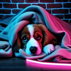 neon cute dog below blanket 