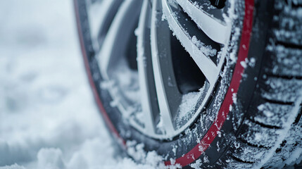 Close-up of snow-covered tire with red stripe, showcasing winter driving conditions and tire tread texture, symbolizing safety, reliability, and preparedness for winter travel