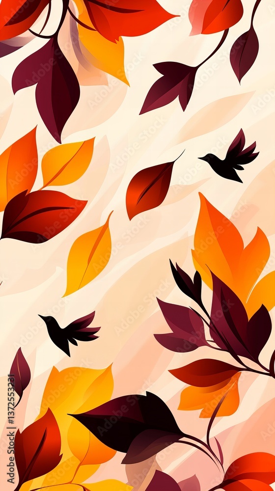 Aufkleber autumn leaves and birds create a dynamic and colorful arrangement against a soft background.