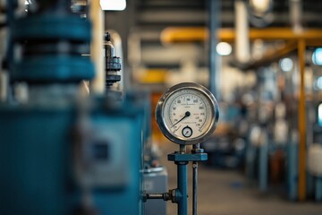 A close-up view of an industrial pressure gauge in a factory environment with blurred machinery in the background. Image suitable for technical documentation and manufacturing brochures.