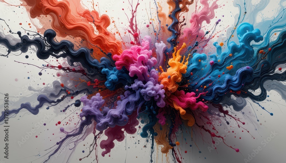 Poster abstract colorful swirl explosion with vivid paint splashes and waves