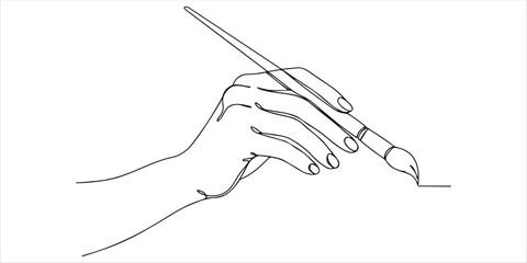 hand holding paintbrush continuous single line art drawing sketch on white background