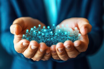 Hands Holding Digital Data Representation with Abstract Technology Graphic for Business and Innovation Concept in Blue and Green Tones
