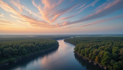 Obraz premium Serene Sunset Over Calm River Surrounded by Lush Green Forests