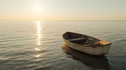 Serene Sunset Small Rowboat on Calm Water at Golden Hour