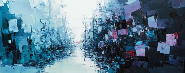 Tilted angle view of a dystopian city, shadows of fragmented minds intertwining, cold color palette, surreal atmosphere