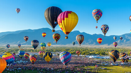 Obraz premium Colorful hot air balloons soar over a vast crowd, against a backdrop of mountains under a clear blue sky, showcasing a vibrant festival atmosphere of adventure and spectacle