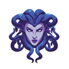 Flat vector gorgon Medusa, minimalist design, isolated on a white background.

