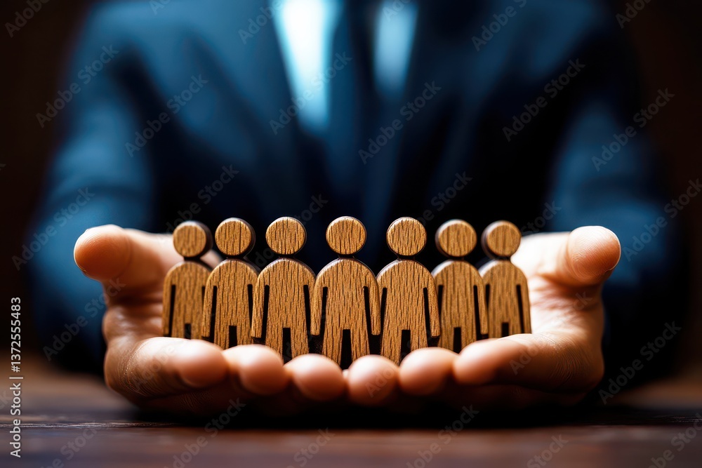 Poster wooden figures representing teamwork and collaboration held in hands of a businessman showcasing uni