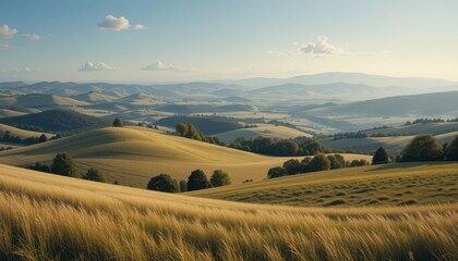Fototapeta premium Serene Rolling Hills Under a Clear Blue Sky at Golden Hour