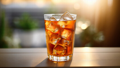 Iced Tea - A crystal - clear glass filled with golden iced tea, ice cubes glistening in soft, natural light