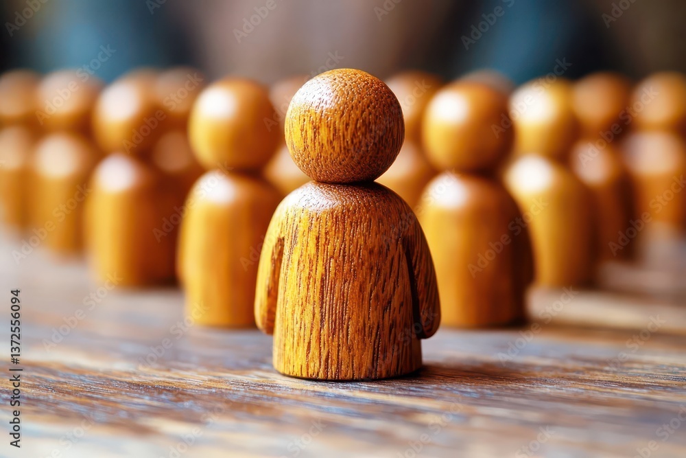 Poster wooden figurines representing unity and community with focus on one distinct piece highlighting indi