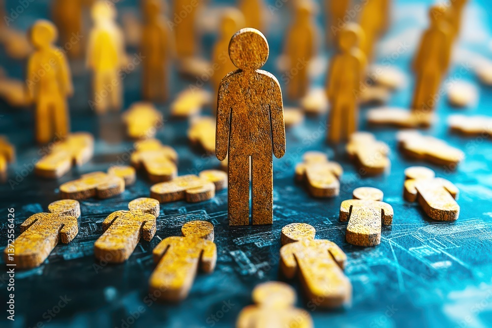 Aufkleber unique wooden figures representing individuals standing out among a crowd on a textured background o