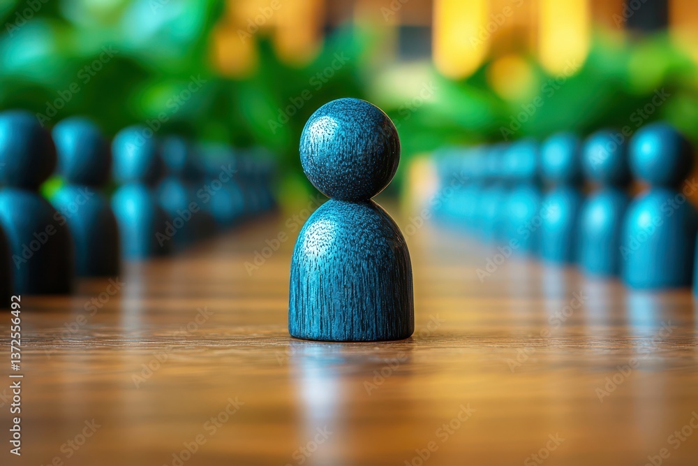 Poster wooden figure in focus surrounded by uniform figures in a group setting with lush green background c