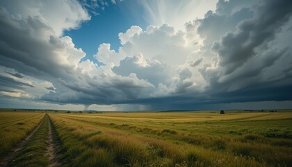 Fototapeta premium Dramatic Cloudscape Over Open Fields Under Blue Sky and Sunlight