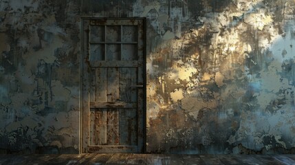 Old weathered wall with a single door. Light from inside 