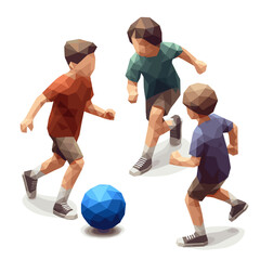 Fototapeta premium Children playing soccer with a blue ball in a geometric style 