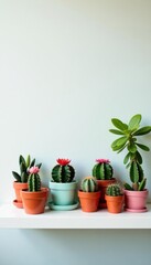 Obraz premium Colorful succulent and cactus collection on a white shelf against a textured wall , plant collection, wall