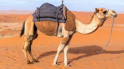 Camel Standing in Desert Landscape with Saddle Ready for Travel
