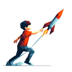 Child launching geometric rocket with enthusiasm  