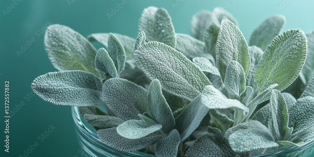 Poster close-up of silver-green lamb's ear leaves, showcasing textured surface, creating a soft and calming