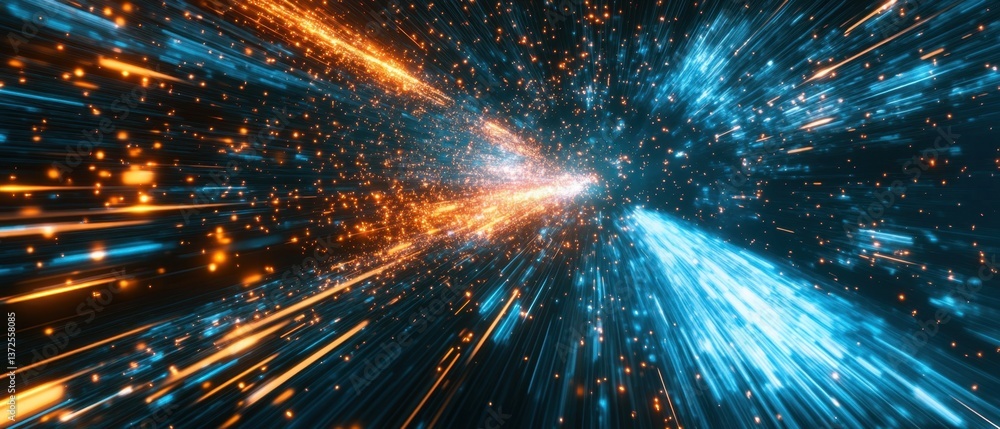 Poster dynamic abstract background featuring vibrant blue and orange light trails creating a sense of speed