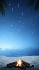 Naklejka premium Beach bonfire under starry night sky.
