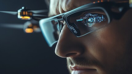 Man wearing smart glasses, drone in background