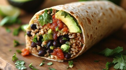 Delicious Vegan Burrito Filled with Black Beans and Avocado on Wooden Board