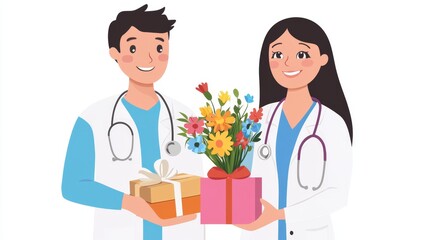 Obraz premium Warm and Inviting Doctors and Nurses Smiling with Gifts and Flowers