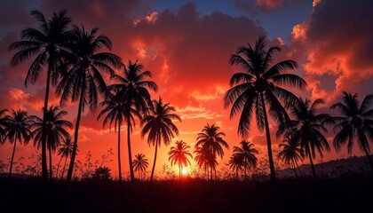 Silhouettes of palm trees against a dramatic sunset sky with vibrant colors