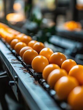 Vivid close up of shiny oranges on a conveyor belt in a food processing facility showcasing industrial automation and fresh produce