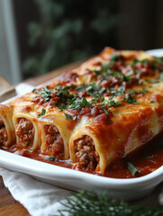 Delicious Italian cannelloni pasta dish with baked cheese and meat sauce for a flavorful dinner