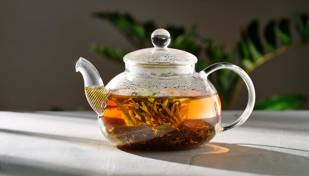 Pot Tea - A modern glass teapot with loose tea brewing inside, showcasing the delicate tea leaves expanding - Powered by Adobe